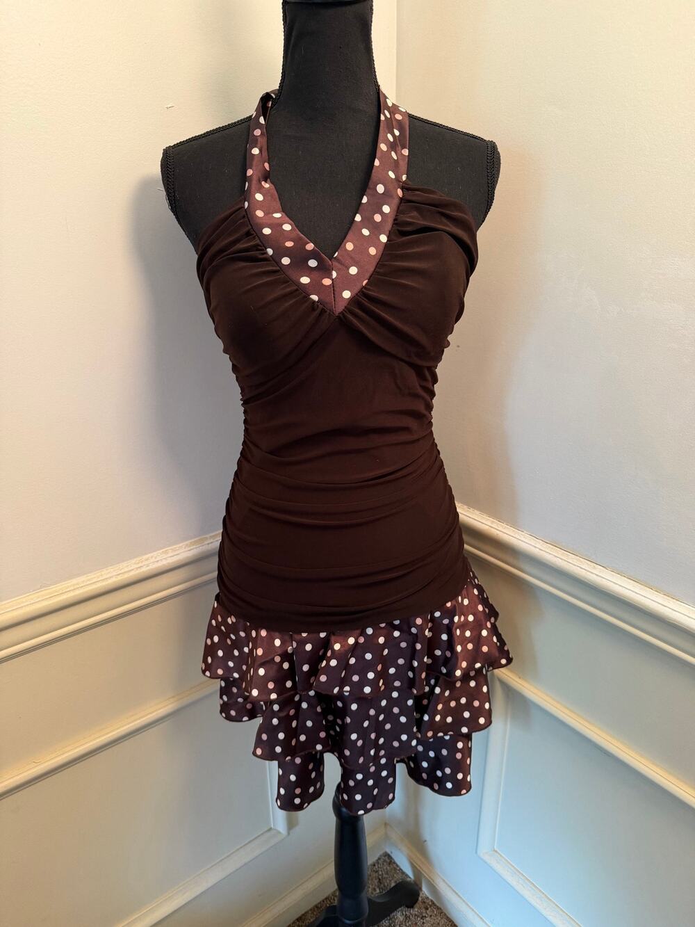 Vintage Y2K Taboo Brown Polka Dot Halter Ruffle Mini Dress Whimsygoth Fairycore